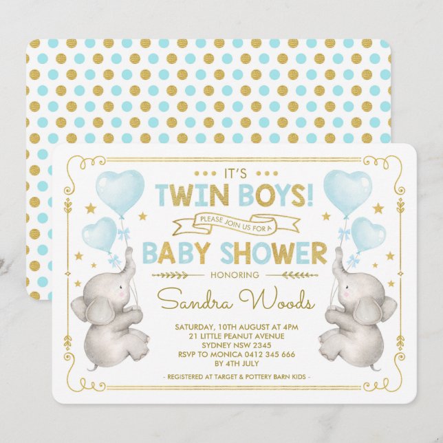 Twin Boys Elephant Baby Shower Blue Gold Jungle Invitation (Front/Back)