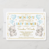 Twin Boys Elephant Baby Shower Blue Gold Jungle Invitation (Front)
