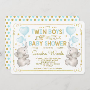 Twin Boys Elephant Baby Shower Blue Gold Jungle Invitation