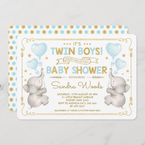 Twin Boys Elephant Baby Shower Blue Gold Jungle Invitation