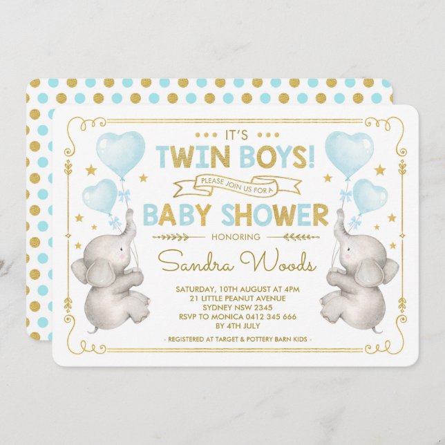 Twin Boys Elephant Baby Shower Blue Gold Jungle Invitation (Front/Back)