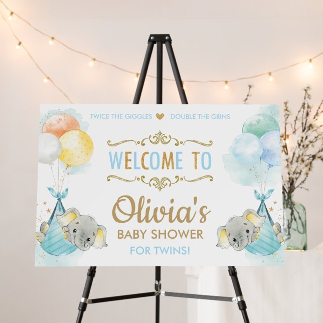 Twin Boys Elephant Balloons Baby Shower Welcome Foam Board (In Situ (Stand))