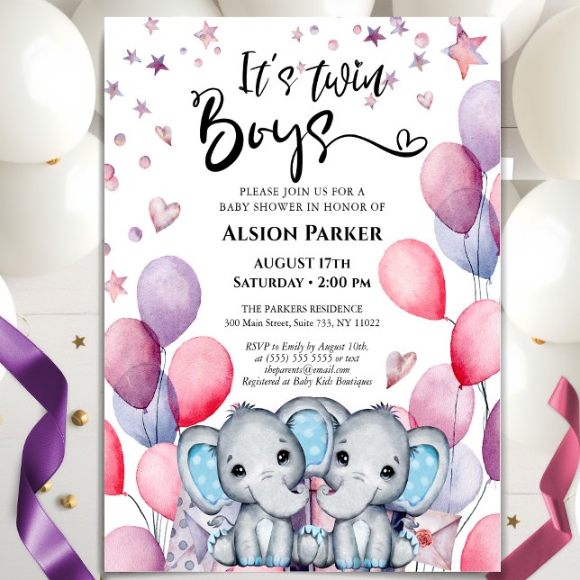 Twin Boys Elephant Blue Balloons Cute Baby Shower Invitation (Creator Uploaded)
