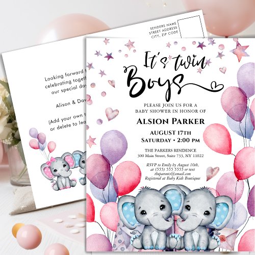 Twin Boys Elephant Blue Balloons Cute Baby Shower Invitation Postcard