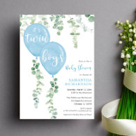 Twin boys eucalyptus blue balloons baby shower invitation