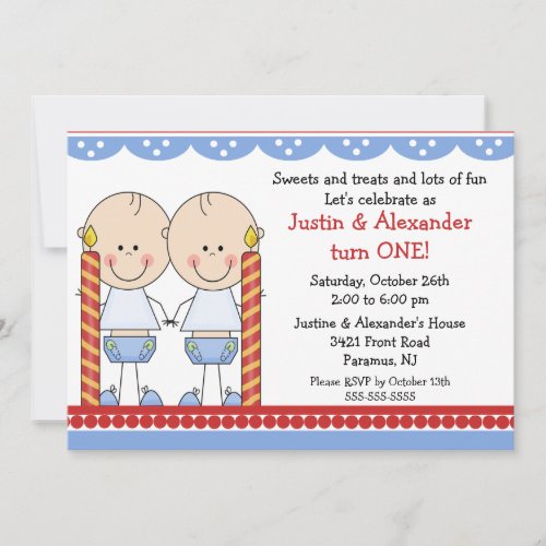 Twin Boys First Birthday Custom Invitation