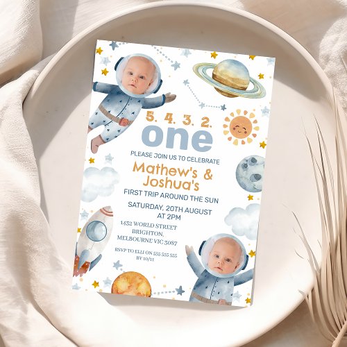 Twin Boys First Trip Around the Sun 1st Birthday Invitation