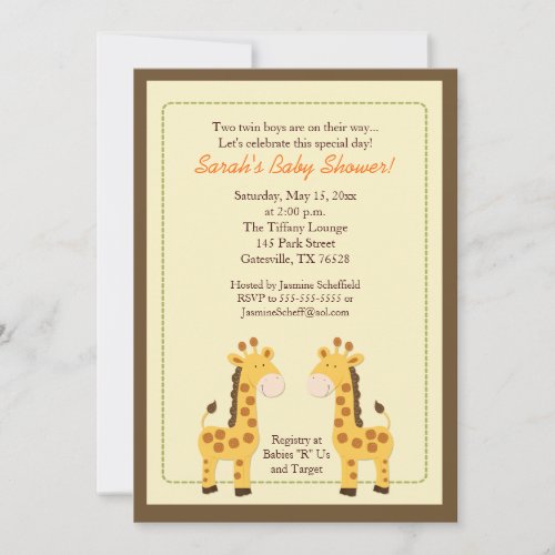 Twin Boys Giraffe 5x7 Baby Shower Invitation