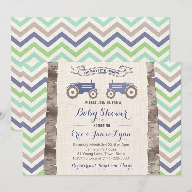 Twin boys green blue tractor chevron baby shower invitation (Front/Back)