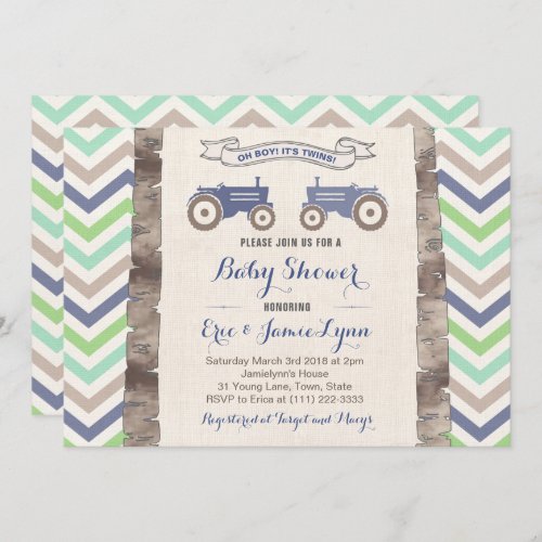 Twin boys green blue tractor chevron baby shower invitation