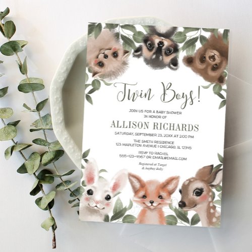 Twin boys greenery woodland animals baby shower invitation