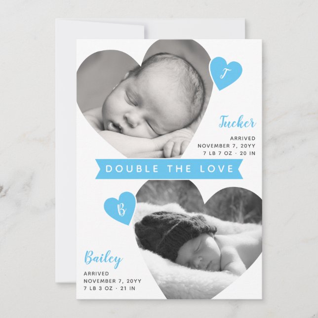 Twin Boys Heart Frames Blue Photo Collage Birth Announcement (Front)