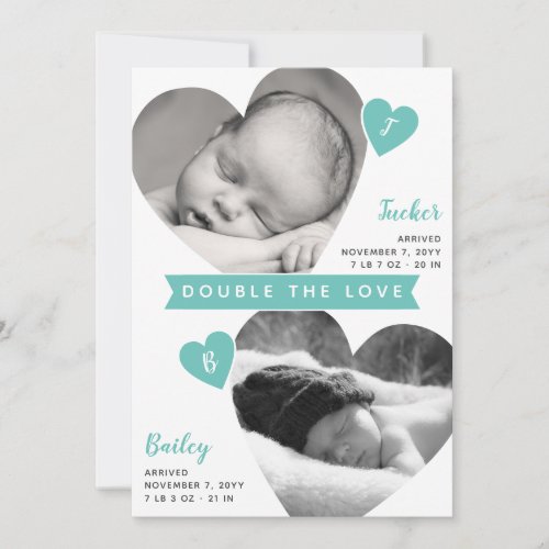 Twin Boys Heart Frames Teal Photo Collage Birth Announcement