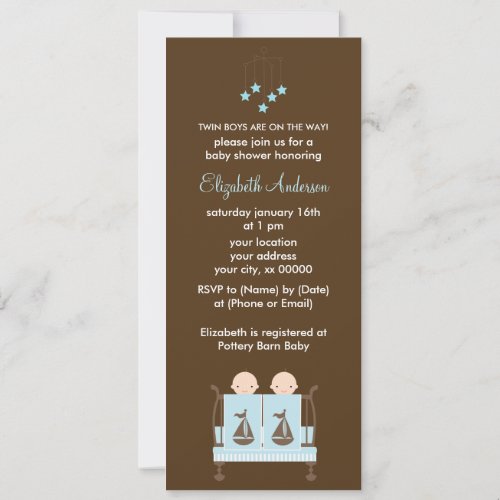 Twin Boys in Blue Crib Baby Shower Personalized Invitations