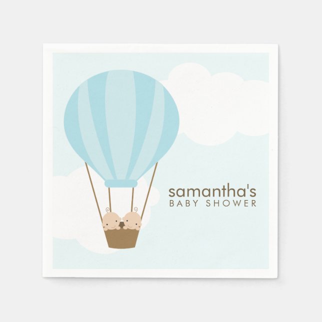 Twin Boys in Blue Hot Air Balloon Baby Shower Napkins (Front)