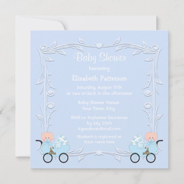 Twin Boys in Carriages Blue Baby Shower Invitation (Front)