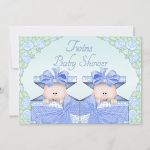 Twin Boys in Gift Box Roses Baby Shower Invitation