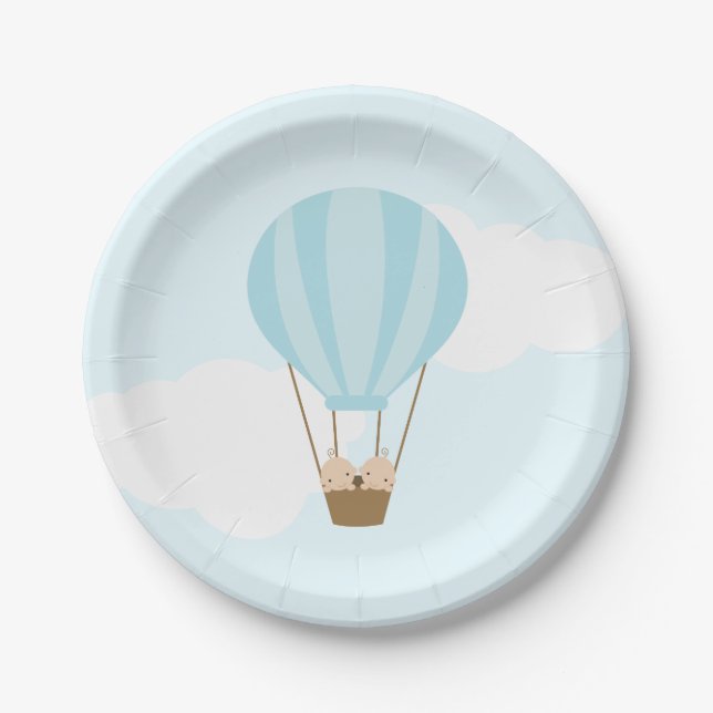 Twin Boys in Hot Air Balloon Baby Shower Paper Plates (Front)