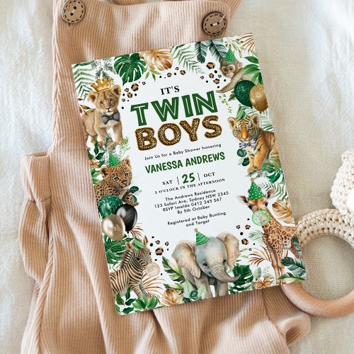 Twin Boys Jungle Safari Wild Animals Baby Shower Invitation