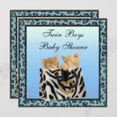 Twin Boys Kittens Blue Leopard Print Baby Shower Invitation (Front/Back)