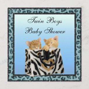 Twin Boys Kittens Blue Leopard Print Baby Shower Invitation