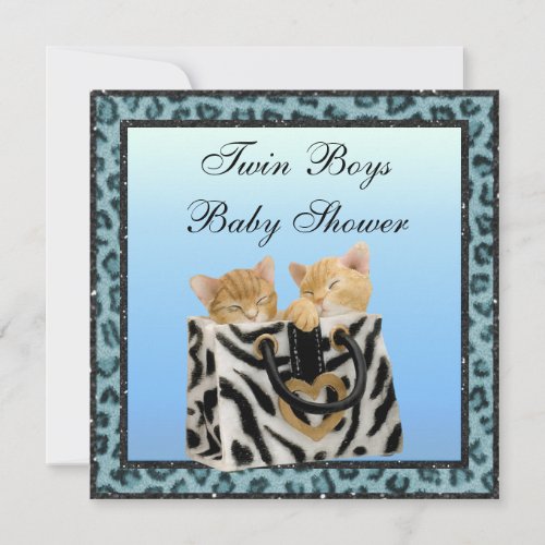 Twin Boys Kittens Blue Leopard Print Baby Shower Invitation