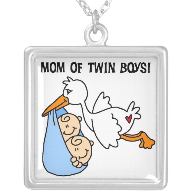 Twin Boys Mom Stork Gifts Silver Plated Necklace (Front)