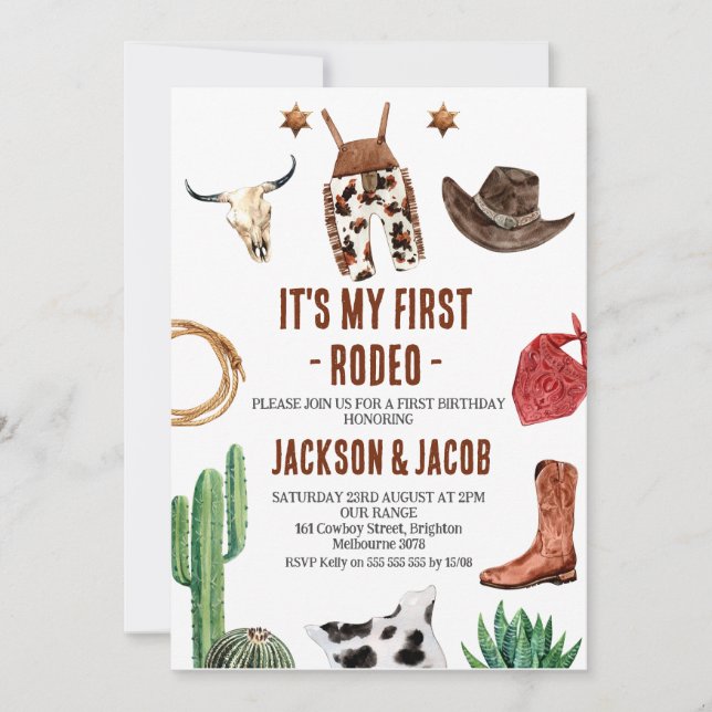 Twin Boys My First Rodeo Cowboy 1st Birthday Invitation (Front)