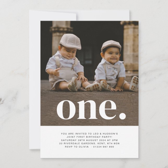 Twin Boys - One - Photo 1st Birthday Invitation  (Front)