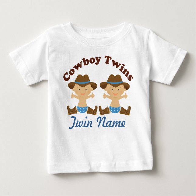 Twin Boys Personalized Cowboy Baby T-shirt (Front)