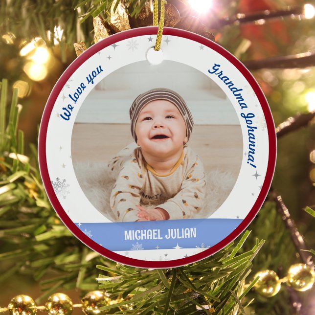 Twin Boys Photos Grandma Cute First Christmas Baby Ceramic Ornament (Cute Modern Elegant Personalized First Christmas Baby We love you Grandma Twin Boys 2 Photos Snow)