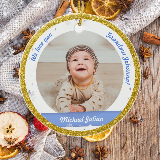 Twin Boys Photos Grandma Cute First Christmas Baby Ceramic Ornament (Modern Elegant Cute First Christmas Twin Baby Boys We love you Grandma 2 Photos Snowflakes Golden )