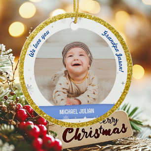 Twin Boys Photos Grandpa Cute First Christmas Baby Ceramic Ornament