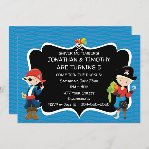 Twin Boys Pirate Birthday Party Invitation