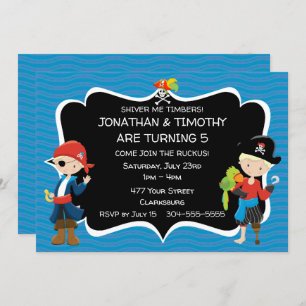 Twin Boys Pirate Birthday Party Invitation