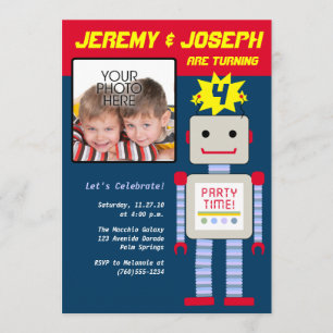 Twin Boys, Robot Birthday Invitation