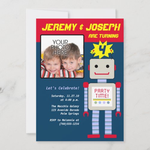 Twin Boys Robot Birthday Invitation