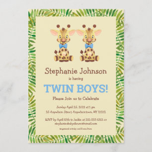 Twin Boys Safari Giraffe Cute Baby Shower Invitation