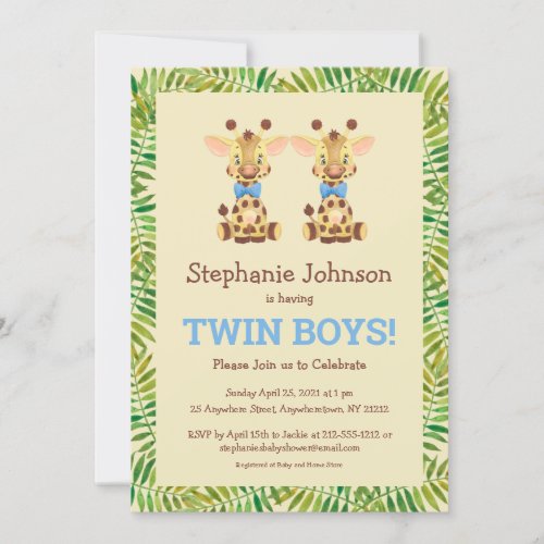 Twin Boys Safari Giraffe Cute Baby Shower Invitation