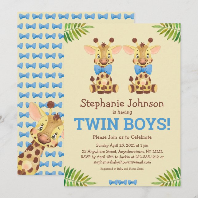 Twin Boys Safari Giraffe Cute Baby Shower Invitation (Front/Back)