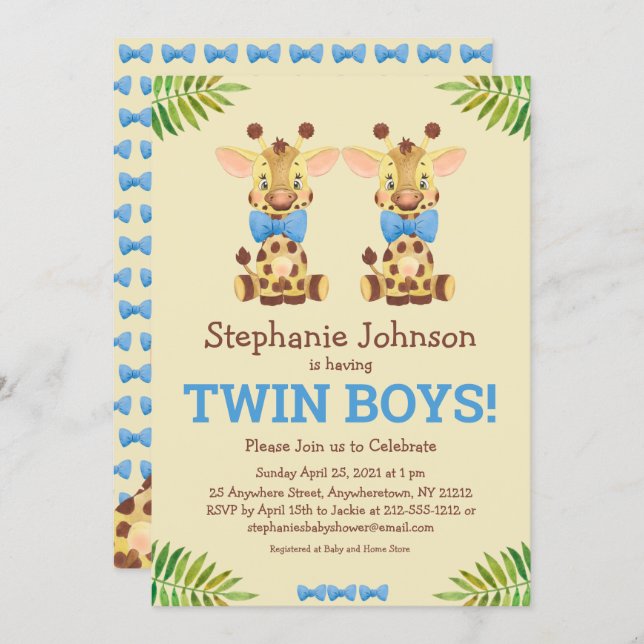 Twin Boys Safari Giraffe Cute Baby Shower Invitation (Front/Back)