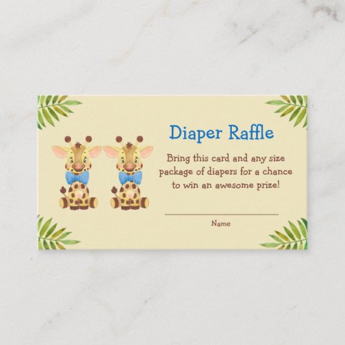 Twin Boys Safari Giraffe Cute Diaper Raffle Ticket Enclosure Card
