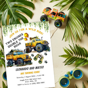 Twin Boys Safari Jungle Monster Truck Birthday Invitation