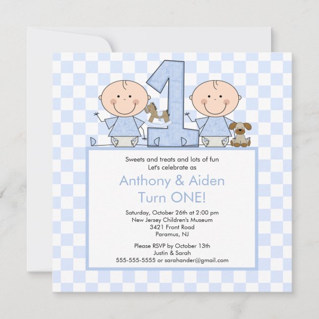 Twin Boys Stick Figure Twins Birthday Invitation (Front)
