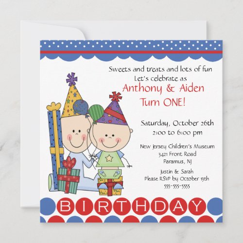 Twin Boys Stick Figure Twins Birthday Invitation