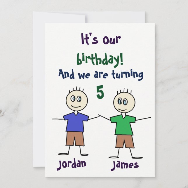 Twin Boys Stick Figures Cute Birthday Invitation (Front)