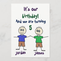 Twin Boys Stick Figures Cute Birthday Invitation