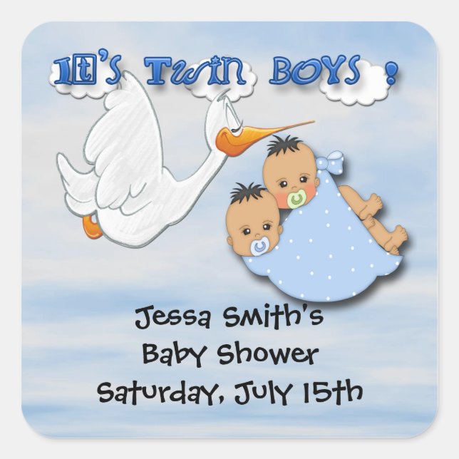 Twin Boys - Stork Baby Shower Favor stickers (Front)