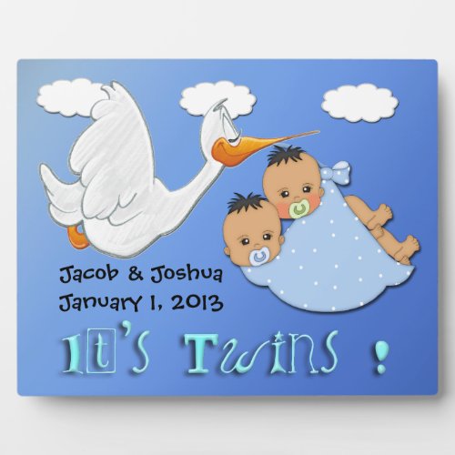Twin Boys _ Stork Keepsake Plaque With Easel