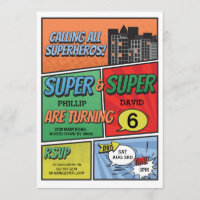 Twin Boy's Superhero Invitation Party Invite